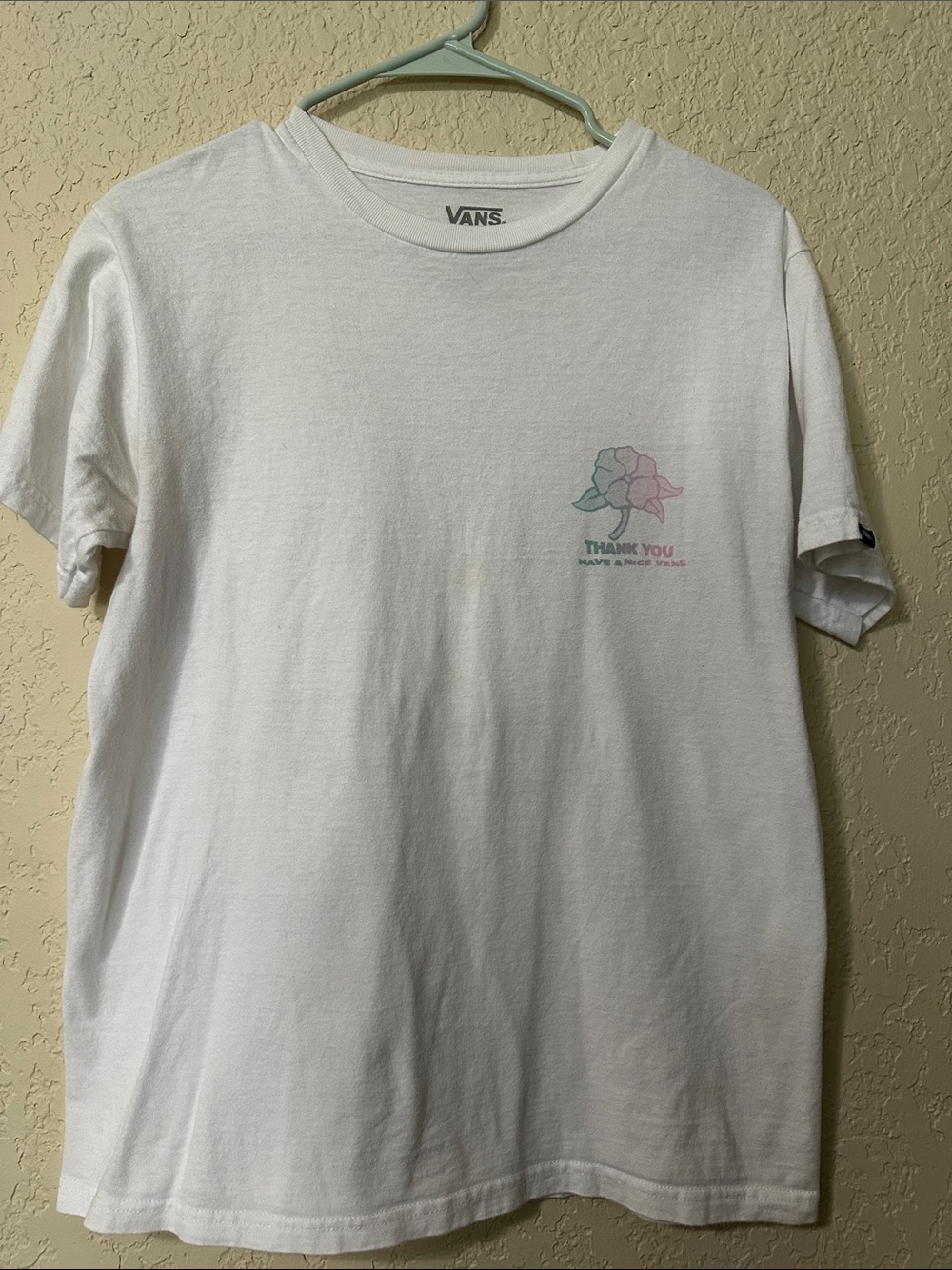 Vans White Tee with Pastel Floral and 'Thank You' Graphic S